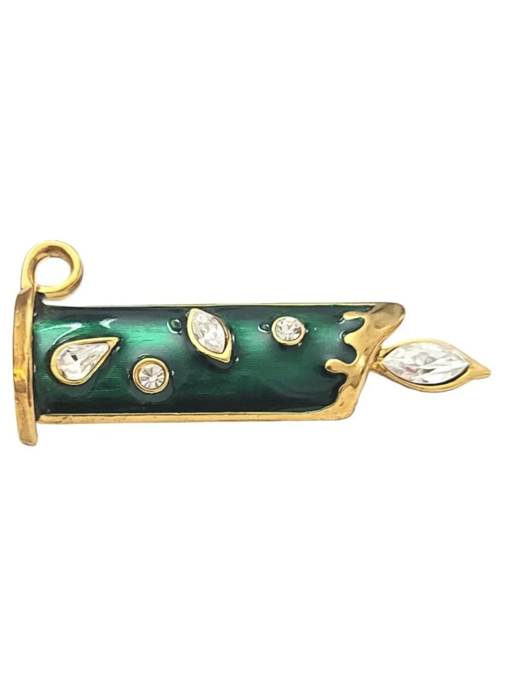 Gold Tone Green Enamel Clear Rhinestone Christmas Candle Brooch Pin K662